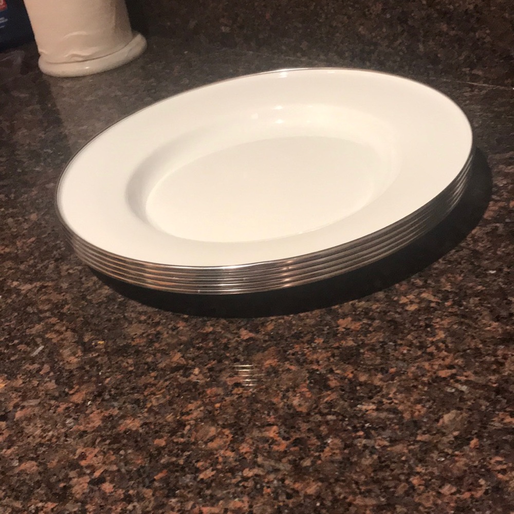 Elegant White Dinner Plates with Silver Trim